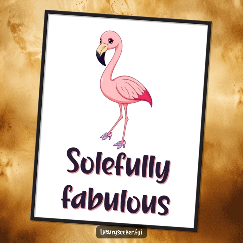 Funny Flamingo Digital Art Print of a smiling bird in elegant, sparkly shoes, posing gracefully for instant humorous decor.
