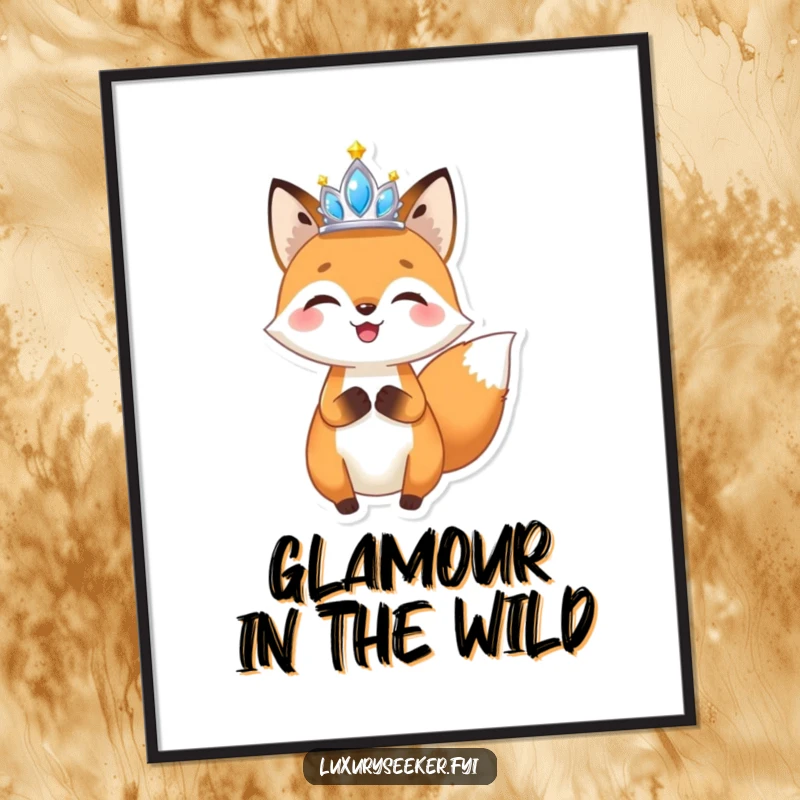 Funny Fox Tiara Digital Art Print: High-quality artwork of a joyful fox holding a miniature, sparkling tiara aloft, ready for printing.