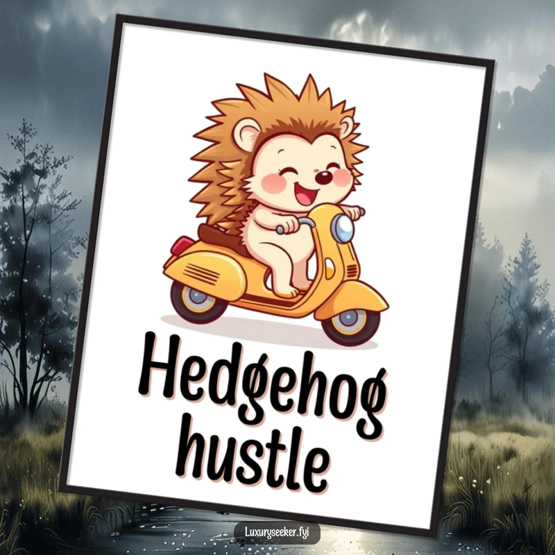 Funny Digital Art Print: A joyful hedgehog rides a tiny golden scooter with a confident smile, a humorous and heartwarming piece of wall art.