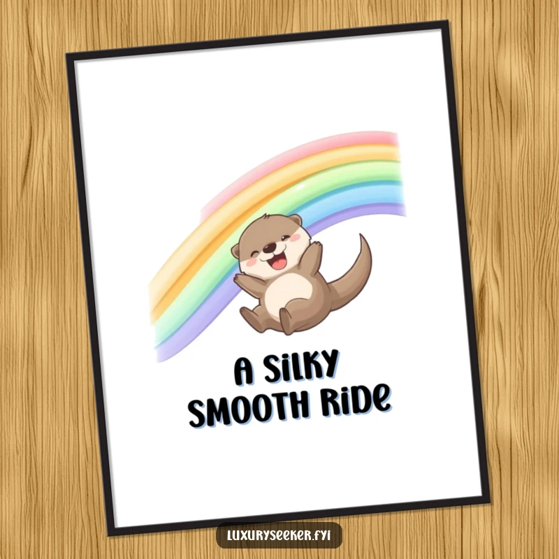 Funny Otter Digital Art Print of a joyful otter sliding down a rainbow of shimmering silk ribbons, symbolizing pure fun and happiness.