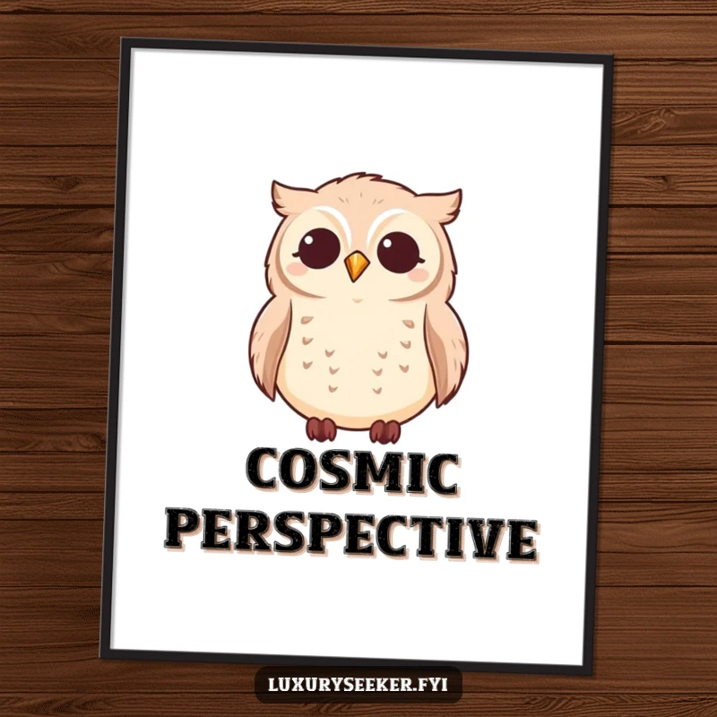 Funny contented owl looking at tiny twinkling stars, presented as a downloadable digital art print, a funny gift.