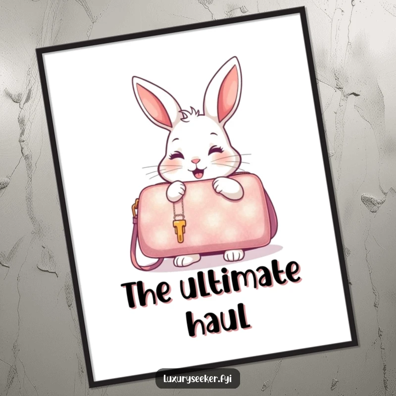 Funny Digital Art Print captures a delighted rabbit excitedly examining a shimmering, oversized handbag.