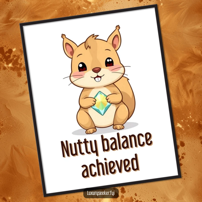 Funny Squirrel Digital Art Print of a cheerful squirrel expertly balancing a single, large, sparkly gemstone on its nose, adding charm.