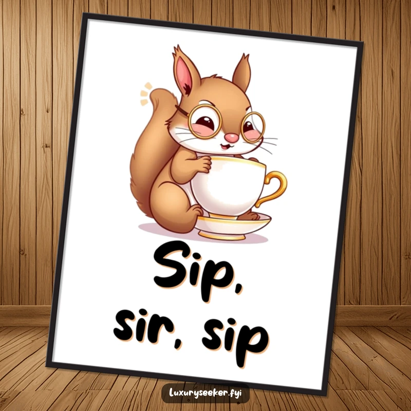 Funny digital art print of a cheerful squirrel with a monocle, sipping from a miniature golden teacup, embodying elegant leisure and charm.