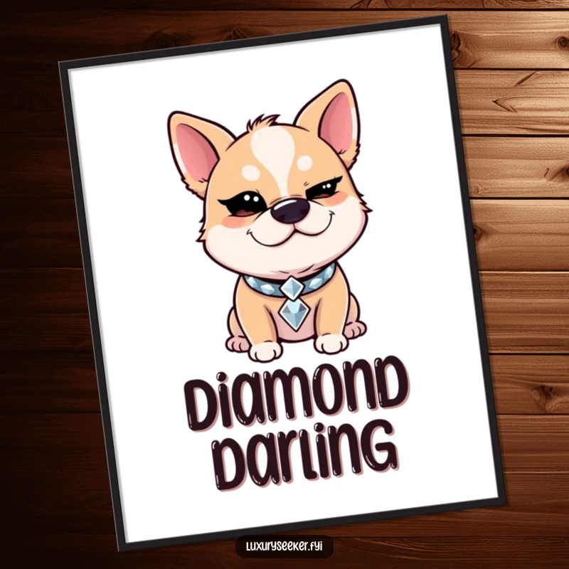 Funny Digital Art Print: A giggling dog wearing a diamond collar winks slyly, a humorous and charming piece of wall art.