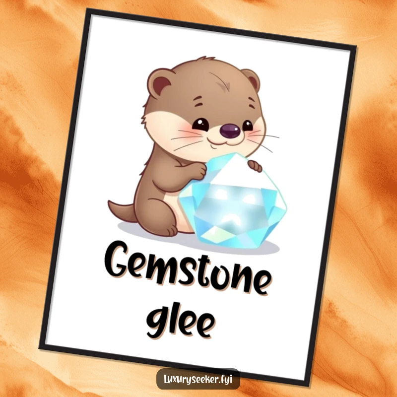 Funny otter digital art print of a curious character joyfully examining a massive, sparkling gemstone with pure delight.