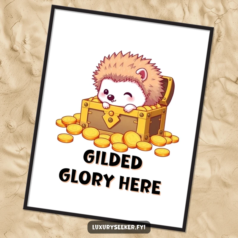 Funny digital art print of a curious hedgehog peeking into a treasure chest overflowing with gold coins, conveying wonder.