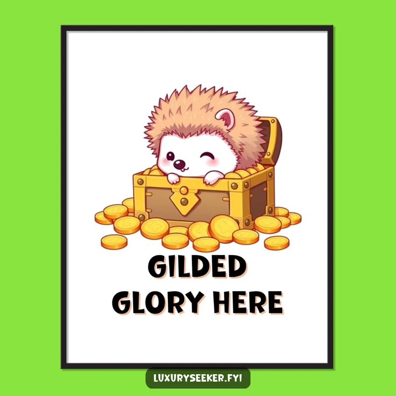 Funny Curious Hedgehog Treasure Digital Art: Golden Printable Gift