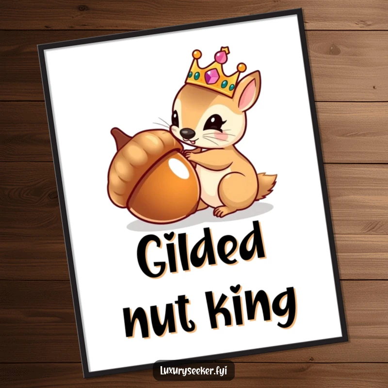 Funny digital art print of a tiny squirrel in a jeweled crown admiring its reflection in a polished acorn, for regal wall decor.