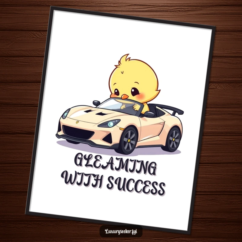 Funny digital art print of a sweet chick humorously polishing a tiny, gleaming sports car, bringing automotive charm and humor to any display.
