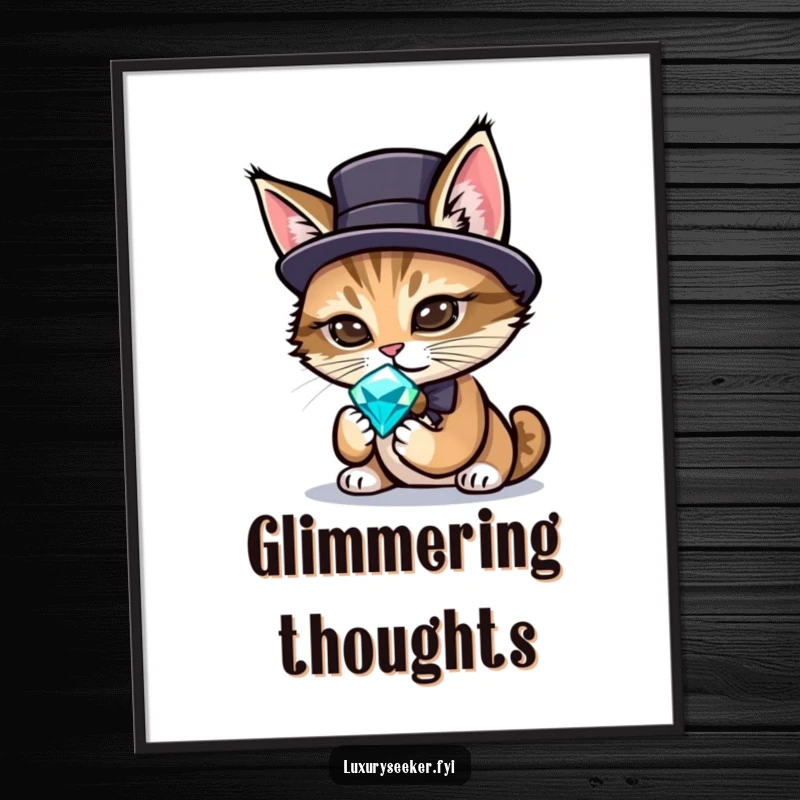 Funny digital art of a sophisticated cat in a miniature top hat, curiously appraising a large, shimmering gemstone.