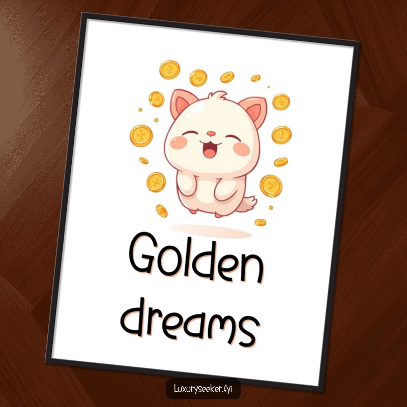 Funny digital art print of a happy creature sighing contentedly, surrounded by floating golden coins, a humorous and prosperous visual treat.