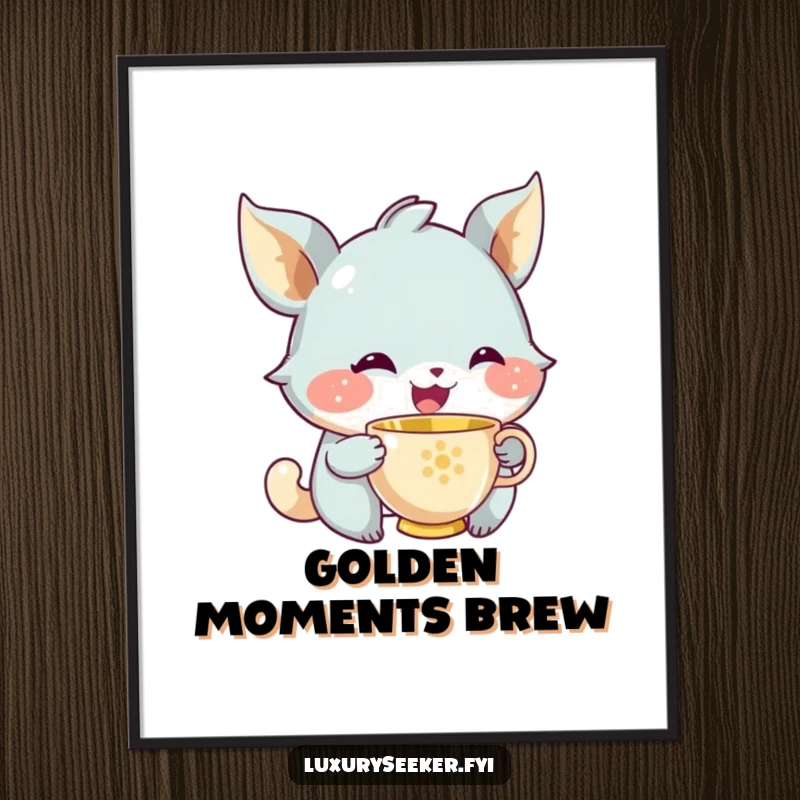 Funny digital art print of a joyful creature with a knowing smile sipping from a tiny golden teacup, embodying peaceful enjoyment.