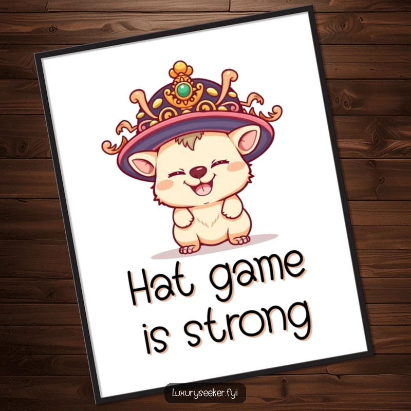 Funny digital art print of a playful creature with a mischievous grin trying on a ridiculously large, ornate hat for wall decor.