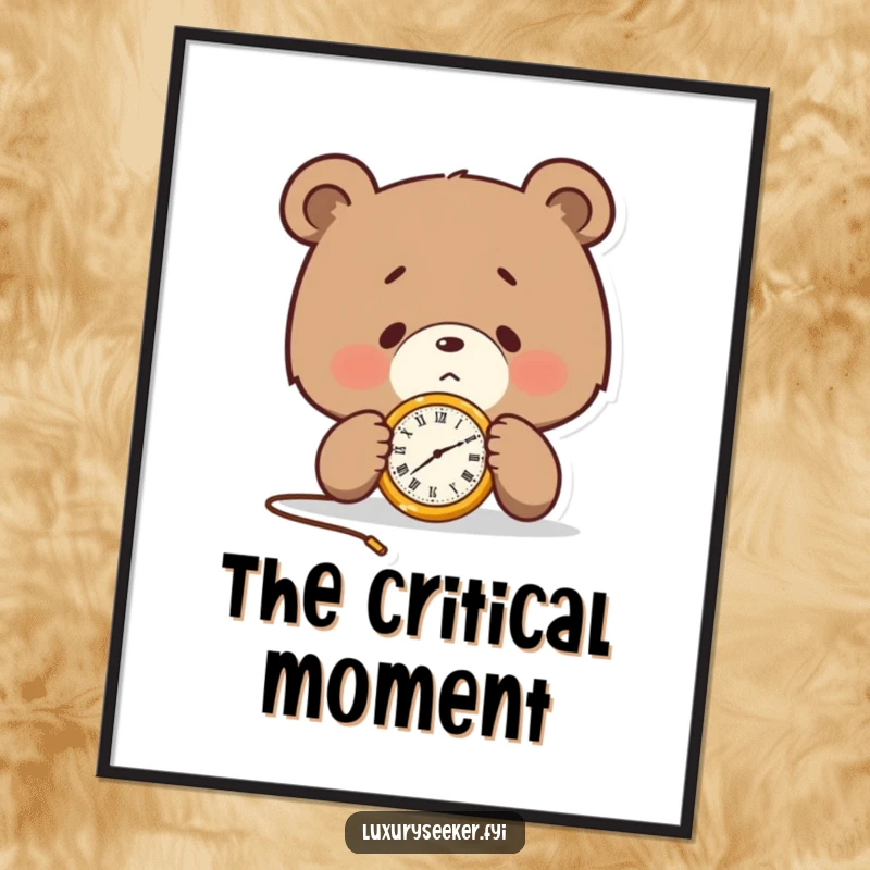 Funny digital art print of a determined bear character examining a golden pocket watch, symbolizing focus and the value of time.
