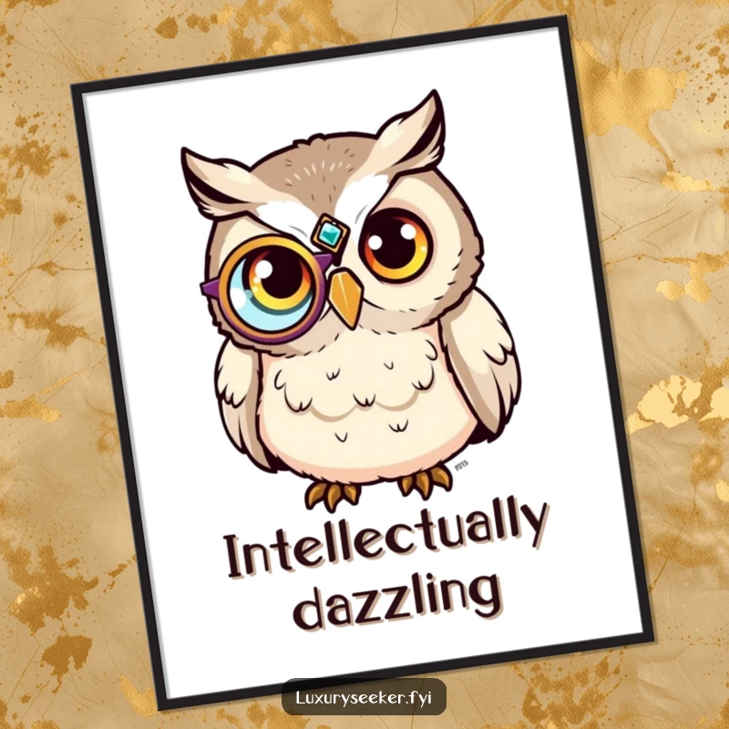 Funny Digital Art Print: A sophisticated owl wearing a jeweled monocle humorously imparts wisdom and charm.