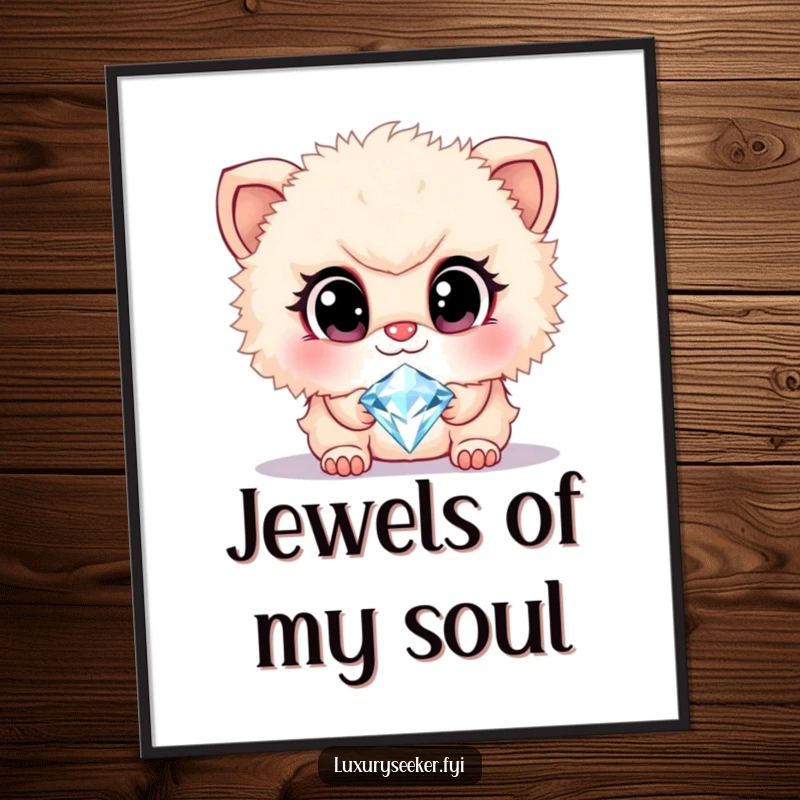 Funny digital art print of a cute, fluffy creature with large, admiring eyes gazing at a sparkling diamond necklace, expressing awe.