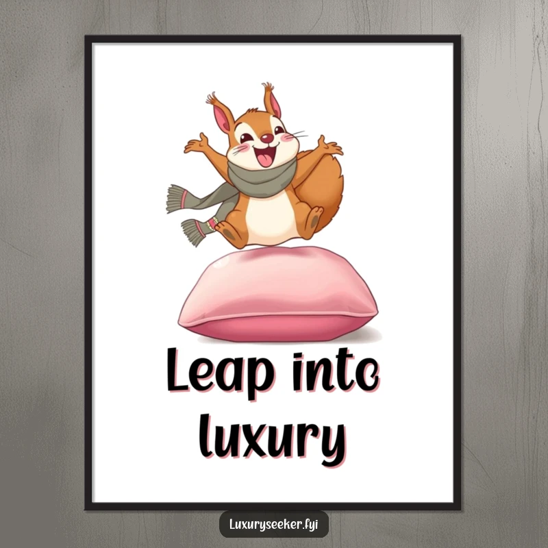Funny digital art print: An excited squirrel wearing a designer scarf joyfully leaping onto a plush velvet cushion, adding luxury humor.