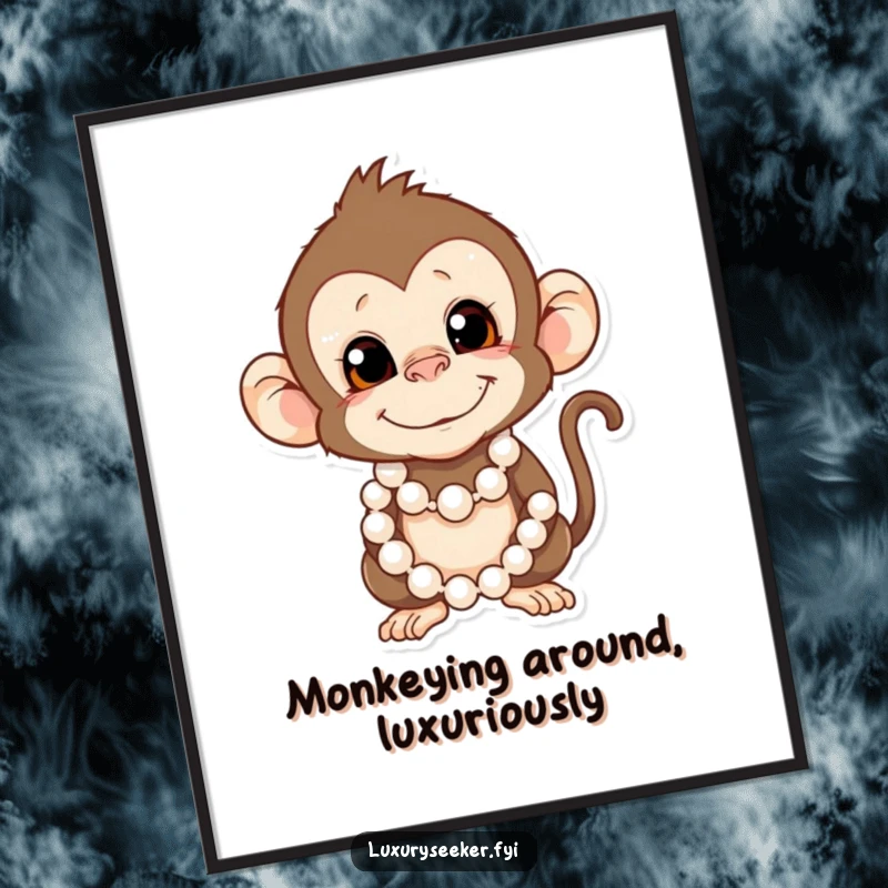 Funny Monkey Digital Art Print: A mischievous monkey adorned with pearls creates a humorous and stylish digital artwork.