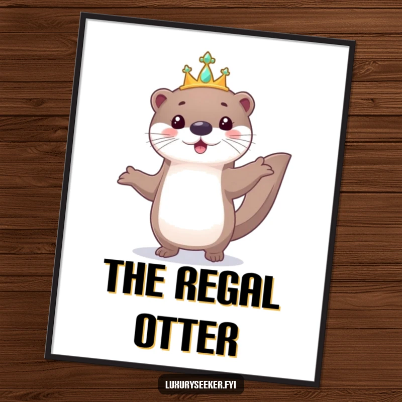 Funny digital art print of a playful otter parading with a tiny, jeweled tiara, radiating royal charm and humor.