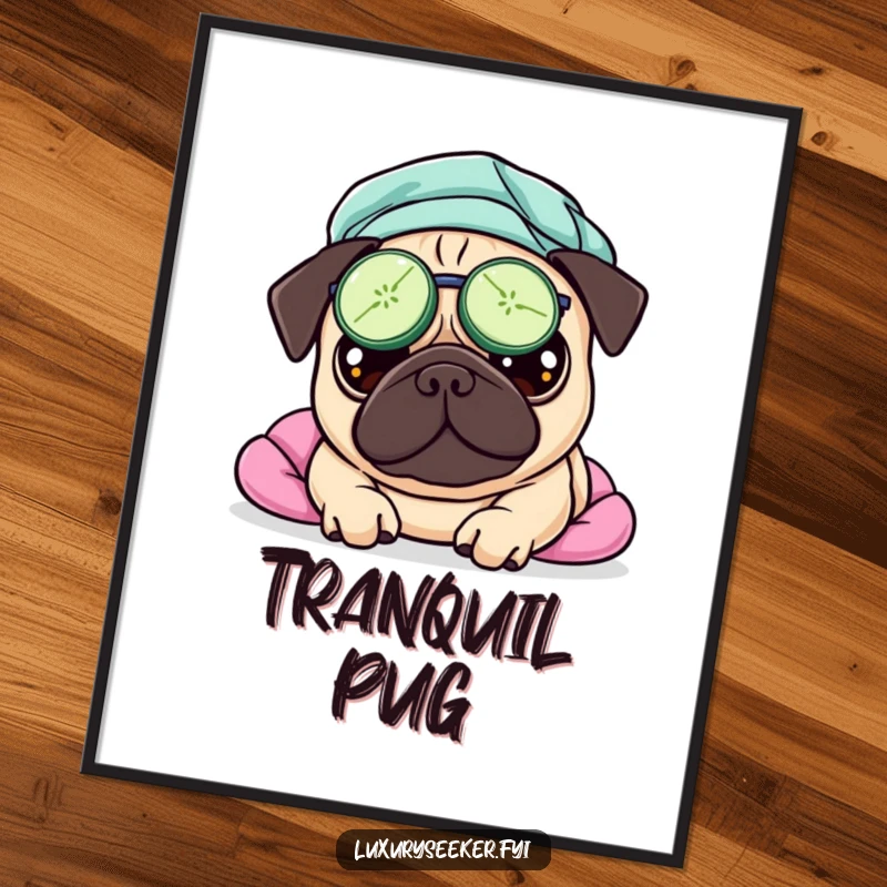 Funny digital art of a pampered pug wearing cucumber slices on its eyes, embodying ultimate relaxation and spa day humor.