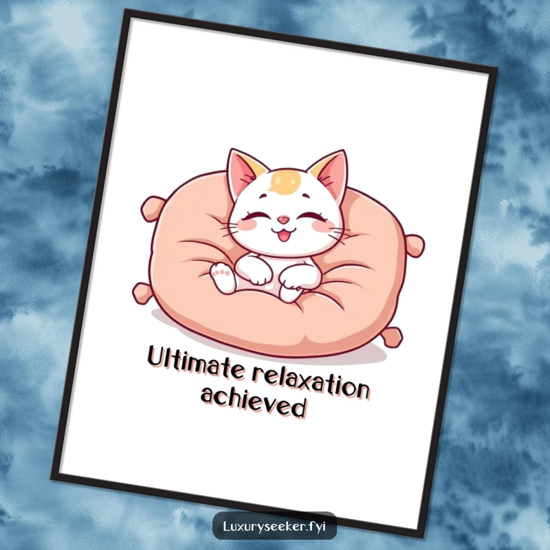 Funny digital art print of a happy cat character lounging on a plush, oversized velvet cushion, embodying ultimate comfort and relaxation.