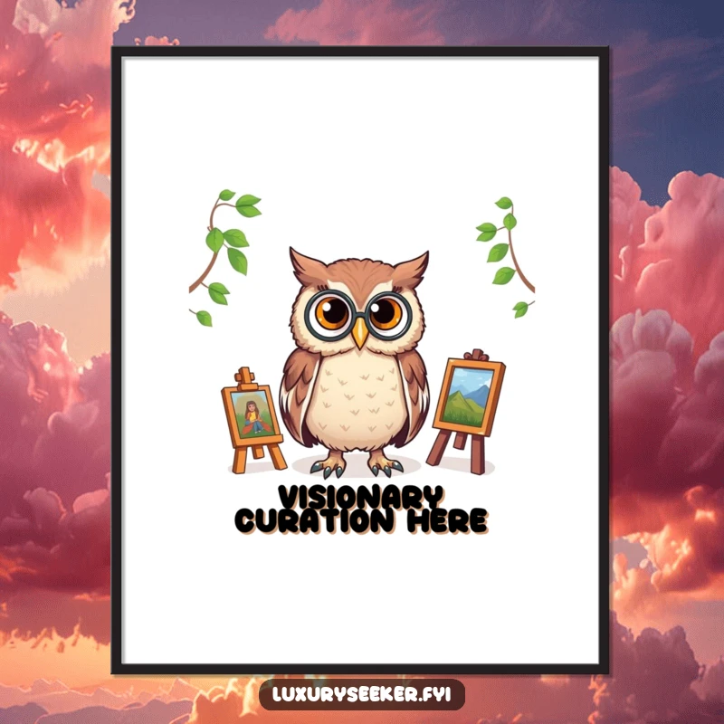 Funny digital art print of a proud owl wearing a monocle, surveying a miniature art gallery, providing an instant download of cultured, humorous decor.