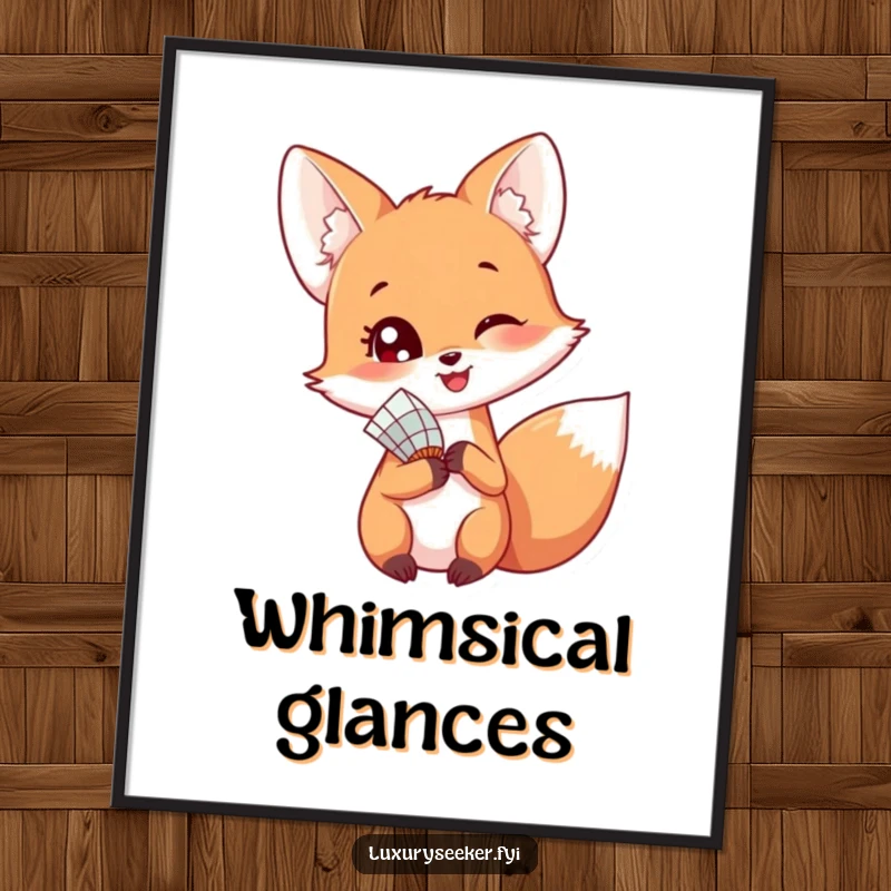 Funny digital art of a happy fox holding a delicate fan, glancing playfully over its shoulder with a joyful and inviting expression.