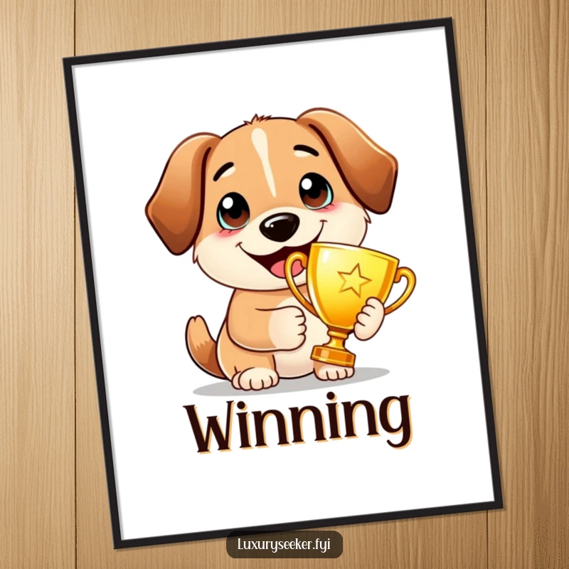 Funny Digital Art Print: A proud dog holds a golden trophy with a wide smile, bringing instant triumph and joyful canine spirit.
