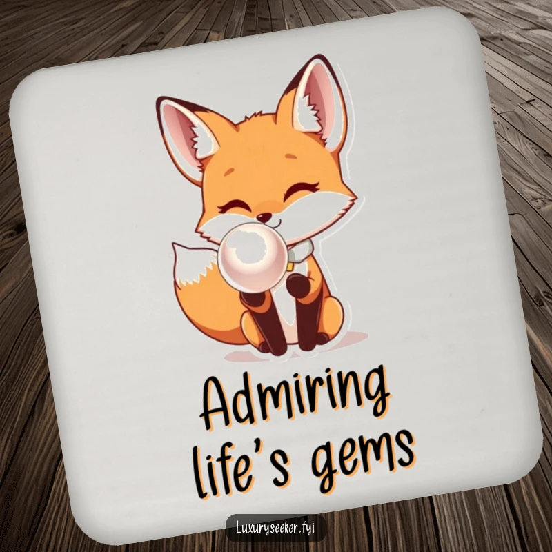 Funny Fox Coaster: A curious fox in a bow tie inspects a shimmering, oversized pearl, adding humorous charm to your drinks.