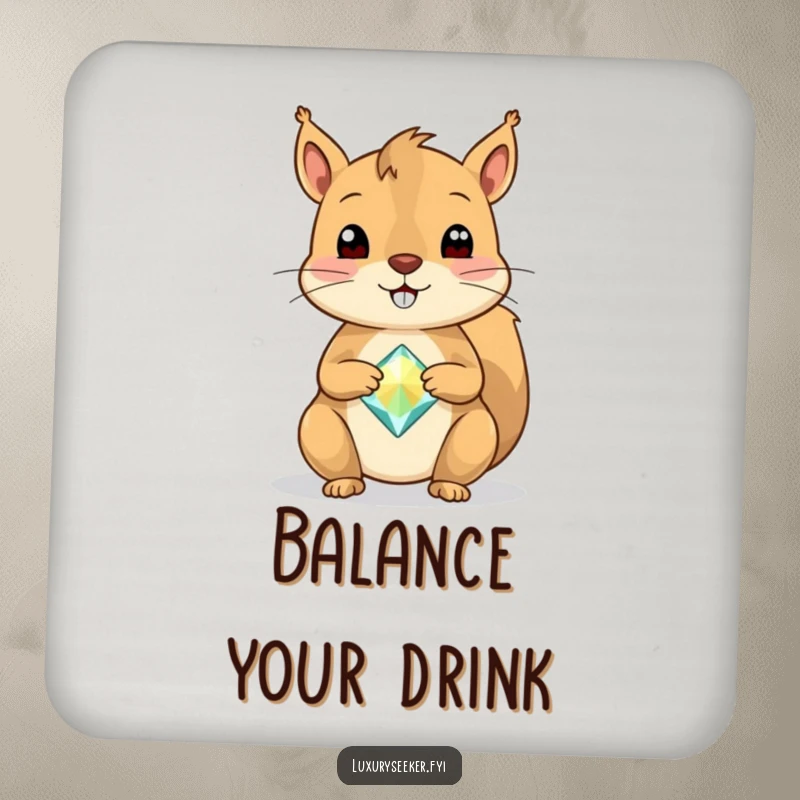 Funny Squirrel Drink Coasters featuring a cheerful squirrel balancing a single, sparkly gemstone on its nose, protecting surfaces with charm.