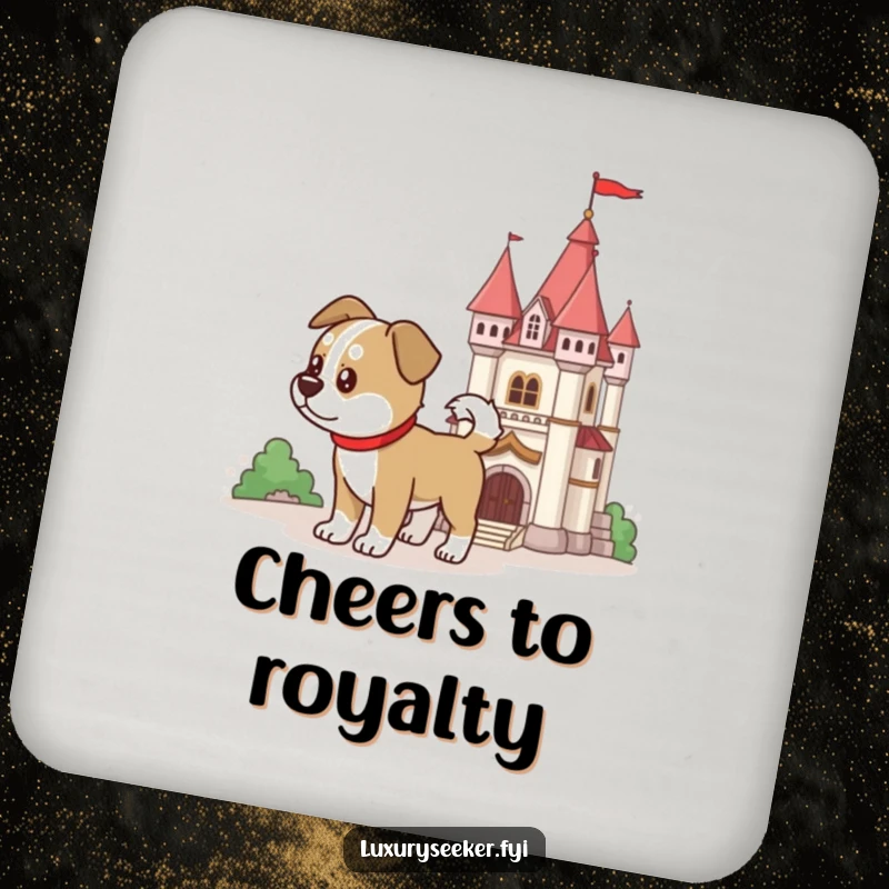 Funny dog guarding a miniature castle on drink coasters, adding loyal decor, a funny gift.