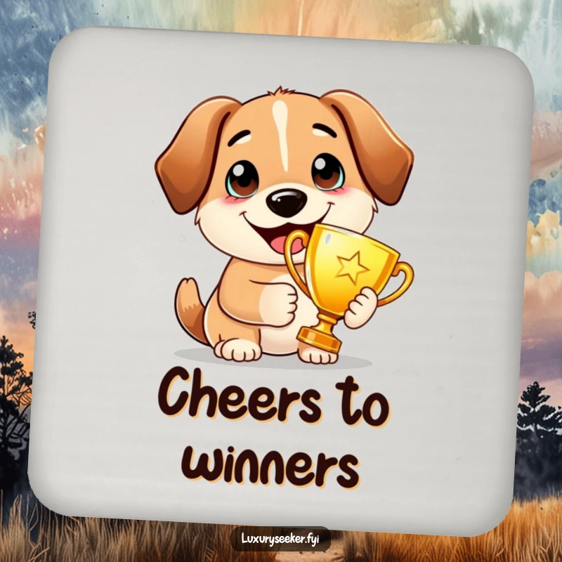 Funny Coaster: A proud dog holds a golden trophy with a wide smile, adding a champion's joy and humor to beverage protection.