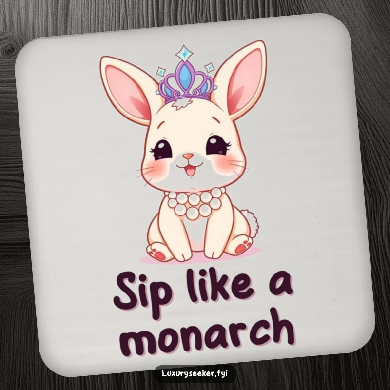 Funny drink coaster featuring a happy bunny with a pearl necklace, admiring a sparkling tiara, adding regal charm to any surface.