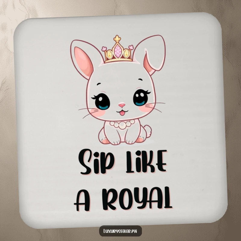 Funny drink coaster featuring a cute bunny character wearing a tiny sparkling tiara and pearl necklace, protecting surfaces with regal charm.