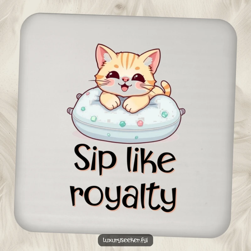 Funny Coaster: A happy cat lounging on a gemstone pillow, protecting your drink surface with style.