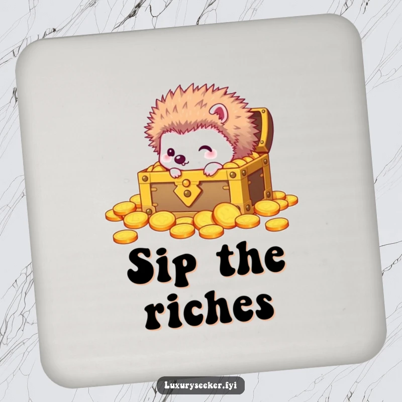 Funny drink coaster with a curious hedgehog peeking into a treasure chest overflowing with gold coins, protecting surfaces.
