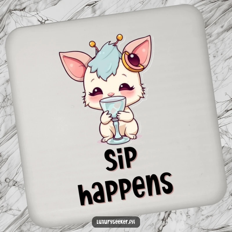 Funny drink coaster featuring a whimsical creature with a unique accessory sipping from a tiny crystal goblet, providing humorous surface protection.