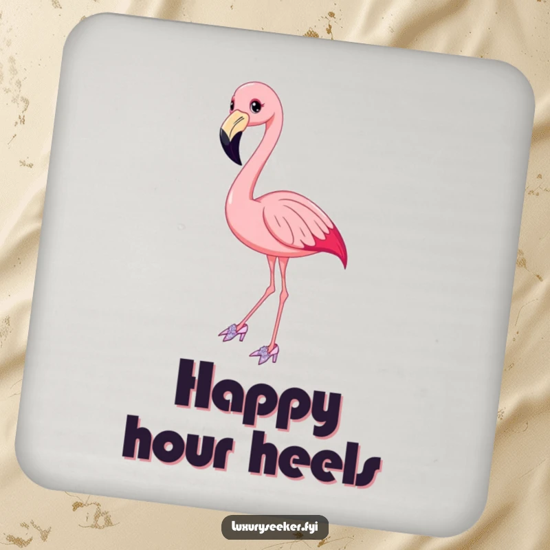 Funny Flamingo Coasters featuring a smiling bird in elegant, sparkly shoes, providing a graceful and humorous surface protection.
