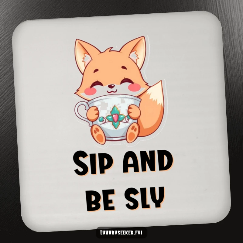 Funny drink coaster featuring a joyful fox character holding a fancy, jeweled teacup with a smile, protecting surfaces with foxy elegance.