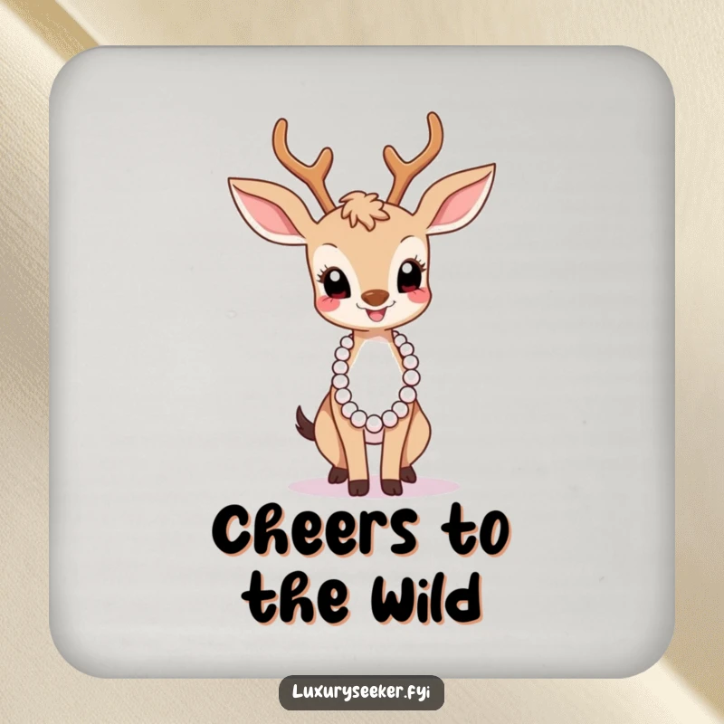 Funny Drink Coaster: A graceful deer with a pearl necklace humorously protects your surfaces with elegance.