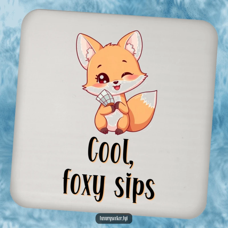 Funny drink coaster featuring a happy fox holding a delicate fan, looking playfully over its shoulder.