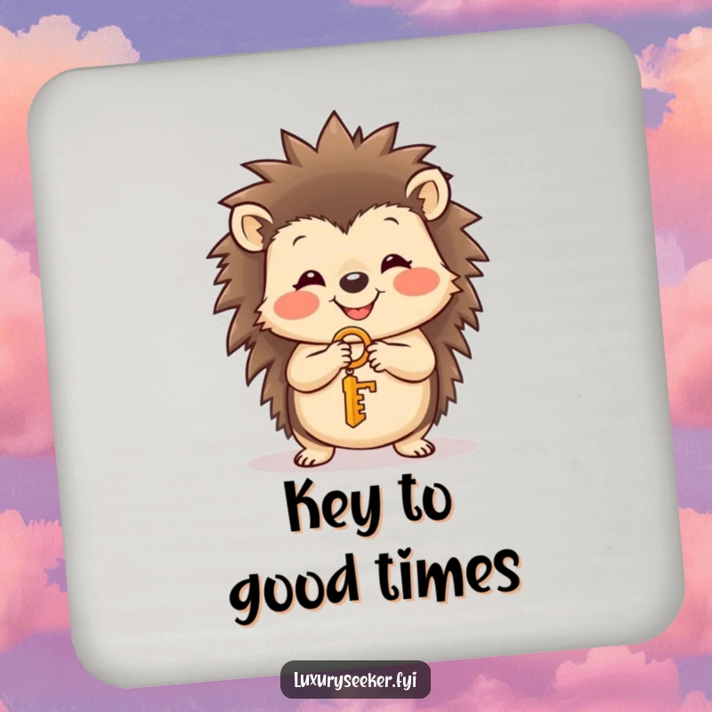 Funny hedgehog smiling and holding a tiny golden key on a drink coaster, adding charm to any surface, a cute funny gift.