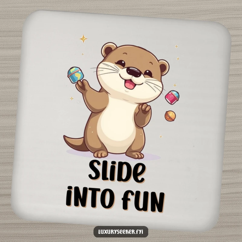 Funny otter juggling miniature objects on drink coasters, adding playful decor, a funny gift.