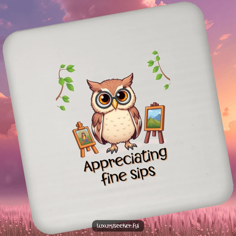 Funny drink coaster featuring a proud owl with a monocle, observing a tiny art gallery, offering stylish and humorous surface protection.