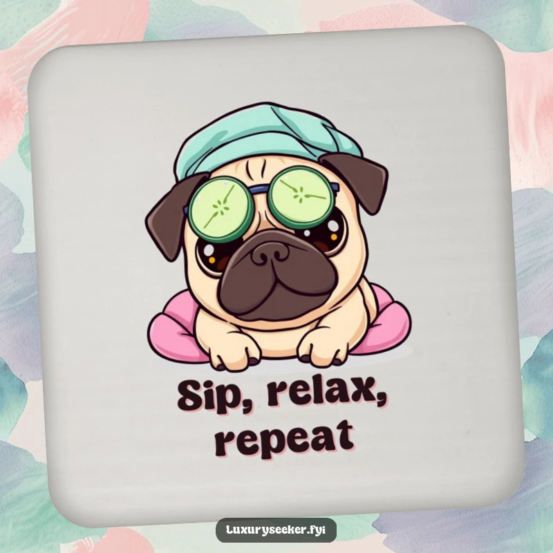 Funny drink coaster featuring a pampered pug with cucumber slices on its eyes, enjoying a humorous spa day.