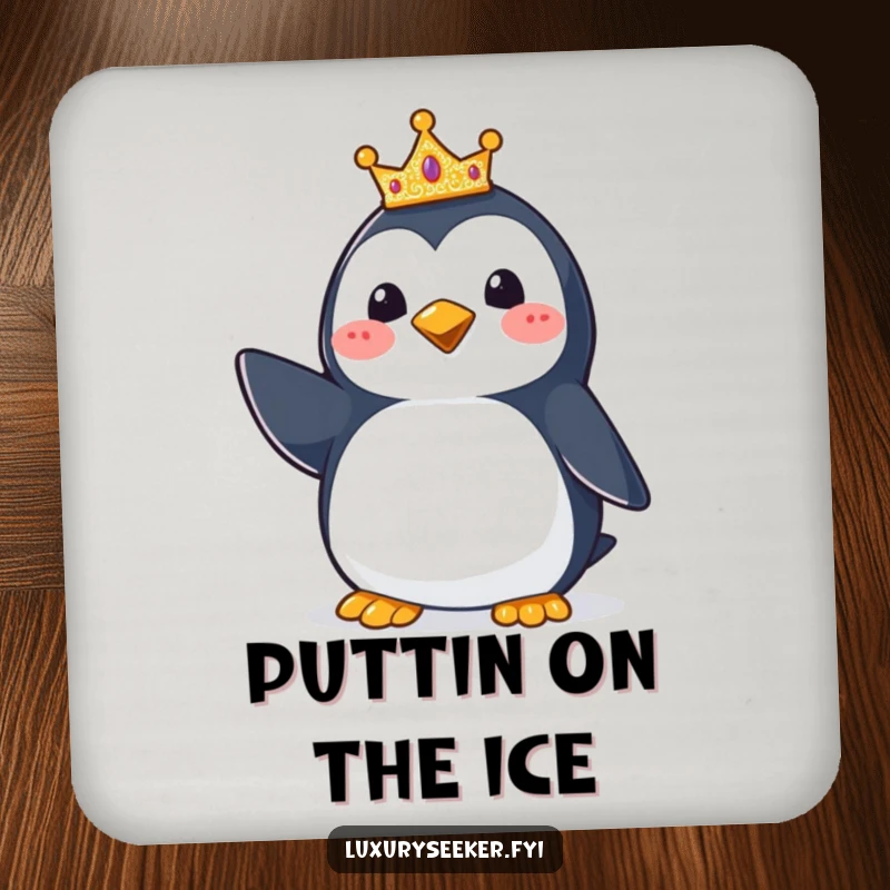 Funny Penguin Crown Coaster: A coaster showcasing a happy penguin wearing a small glittering crown, adding regal humor to surfaces.