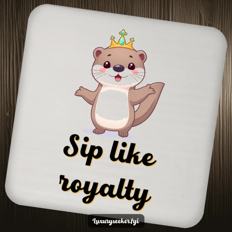 Funny drink coaster depicting a playful otter proudly parading with a tiny, jeweled tiara.