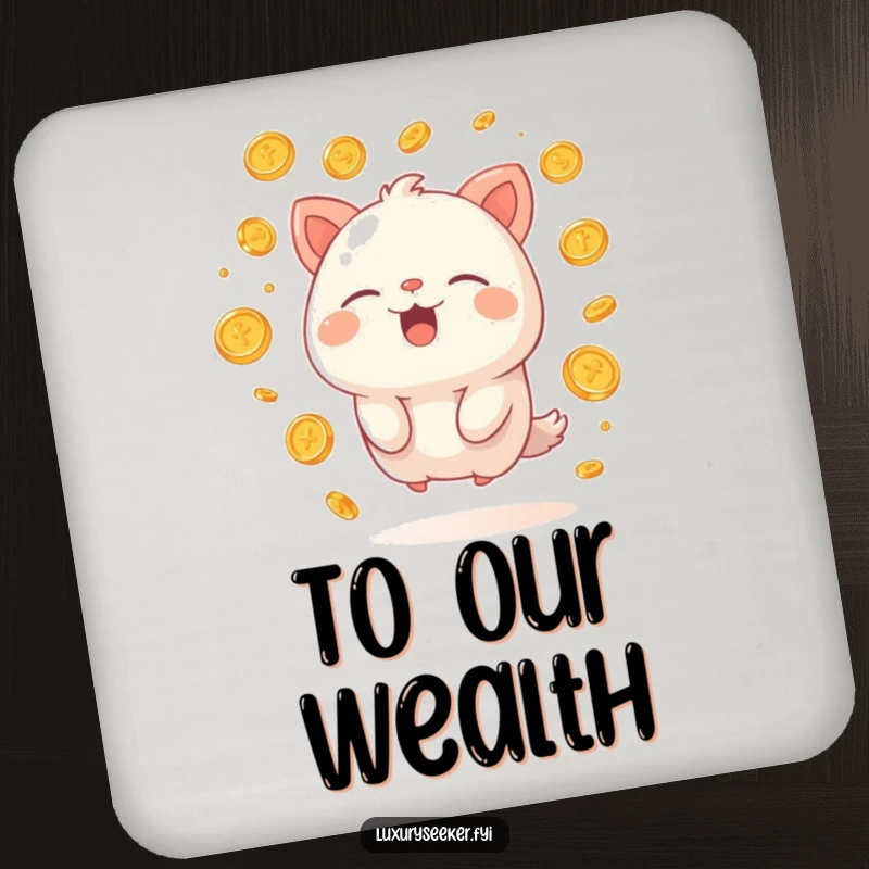 Funny drink coaster featuring a happy creature sighing contentedly, surrounded by floating golden coins, providing humorous protection for tabletops.