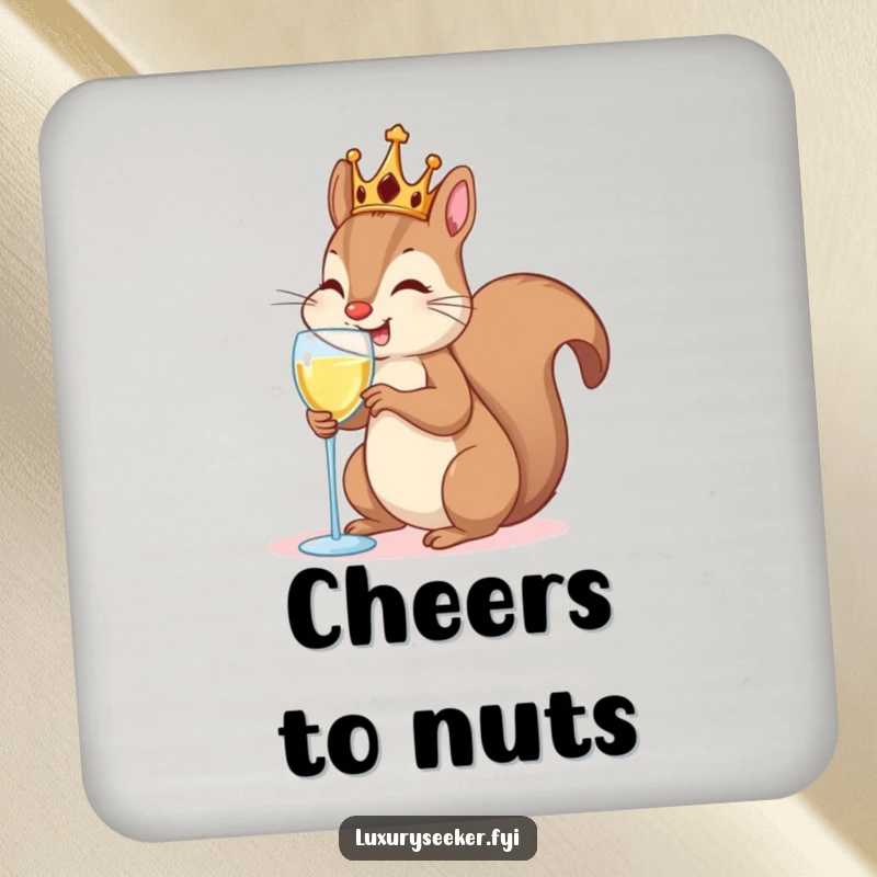 Funny Coaster: A squirrel wearing a crown, sipping champagne, offering humorous surface protection.